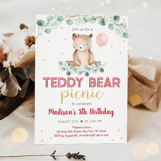 Teddy Bear Picnic Greenery Floral Birthday Kaart