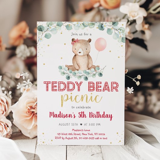 Teddy Bear Picnic Greenery Floral Birthday Kaart