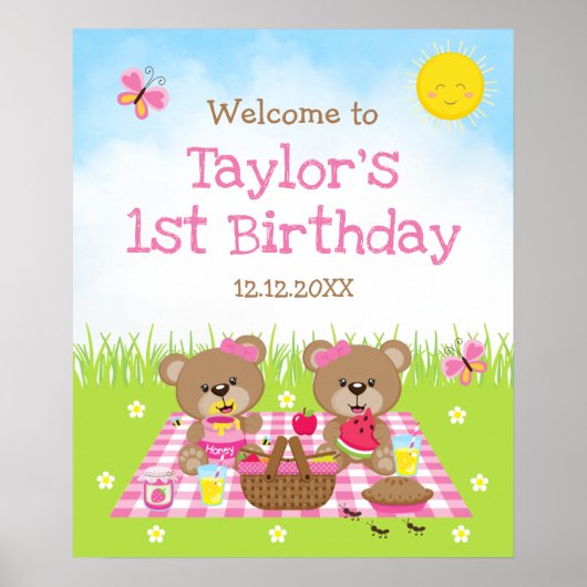 Teddy Bear Picnic Pink Birthday Welkomstteken Poster (Voorkant)