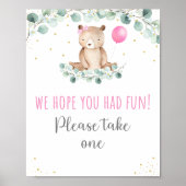 Teddy Bear Picnic Pink Floral Birthday Favor Sign Poster (Voorkant)