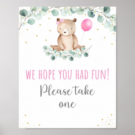 Teddy Bear Picnic Pink Floral Birthday Favor Sign Poster (Voorkant)