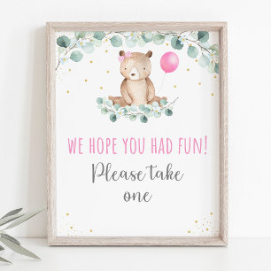 Teddy Bear Picnic Pink Floral Birthday Favor Sign Poster