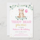 Teddy Bear Picnic Pink Floral Birthday Kaart (Voorkant)