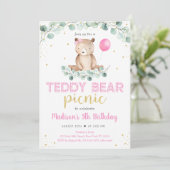 Teddy Bear Picnic Pink Floral Birthday Kaart (Staand voorkant)