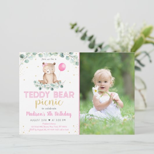 Teddy Bear Picnic Pink Floral Birthday Kaart (Staand voorkant)