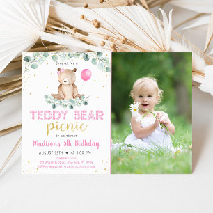 Teddy Bear Picnic Pink Floral Birthday Kaart
