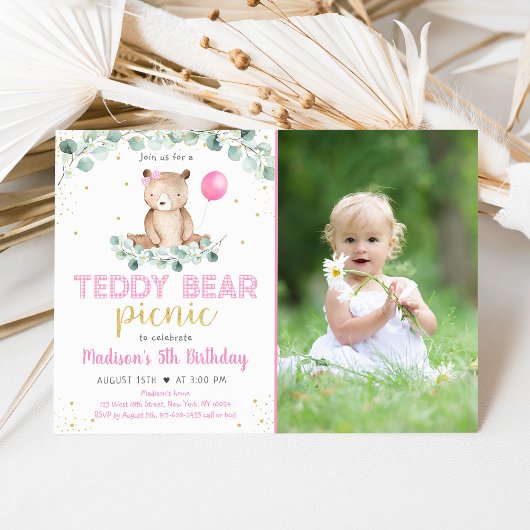 Teddy Bear Picnic Pink Floral Birthday Kaart
