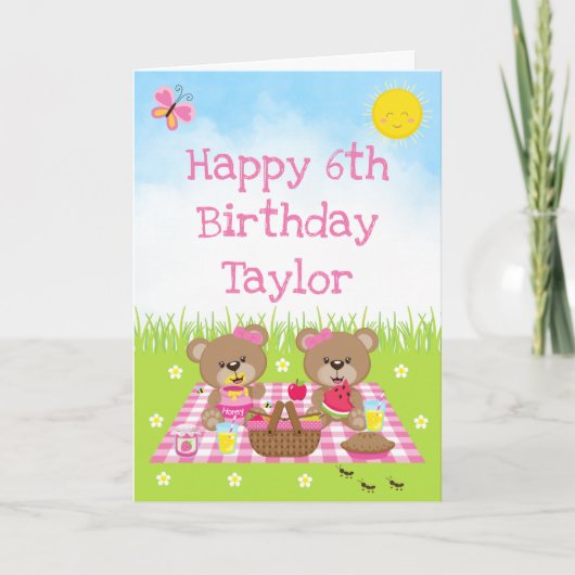 Teddy Bear Picnic Pink Gingham Happy Birthday Kaart (Voorkant)