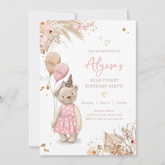 Teddy Bear Picnic Pink Girl Eerste verjaardag Kaart (Voorkant)