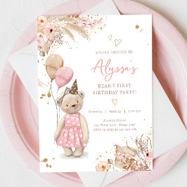 Teddy Bear Picnic Pink Girl Eerste verjaardag Kaart