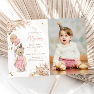 Teddy Bear Picnic Pink Girl Eerste verjaardag Kaart