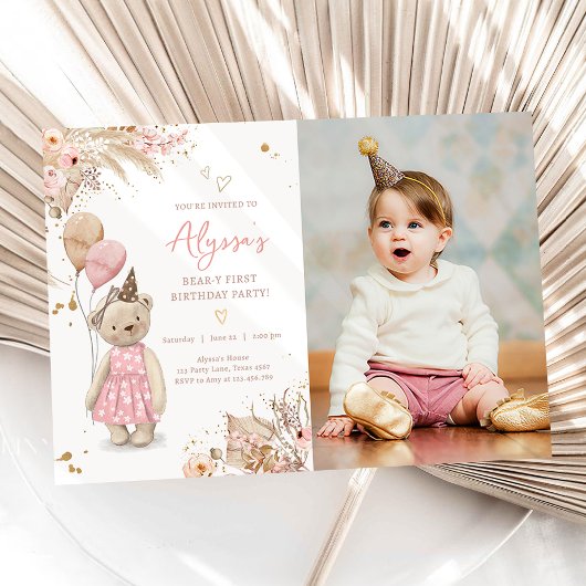 Teddy Bear Picnic Pink Girl Eerste verjaardag Kaart