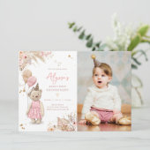 Teddy Bear Picnic Pink Girl Eerste verjaardag Kaart (Staand voorkant)