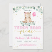 Teddy Bear Picnic Pink Gold Greenery Birthday Kaart (Voorkant)