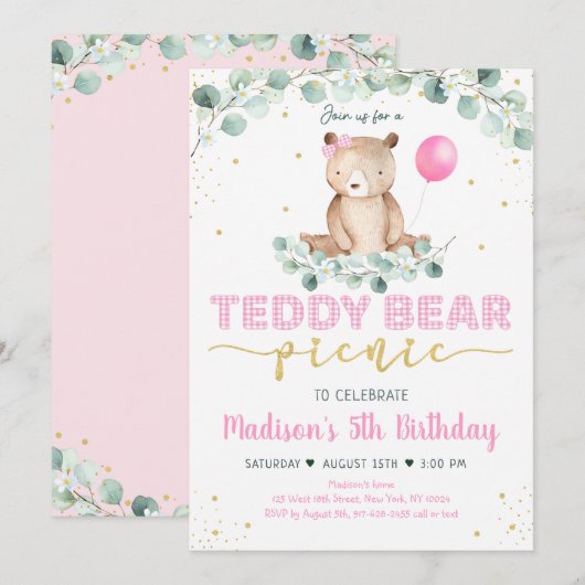 Teddy Bear Picnic Pink Gold Greenery Birthday Kaart (Voorkant / Achterkant)