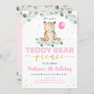 Teddy Bear Picnic Pink Gold Greenery Birthday Kaart