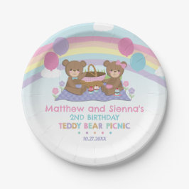 Teddy Bear Picnic Rainbow Twin Boy Girl Verjaardag Papieren Bordje
