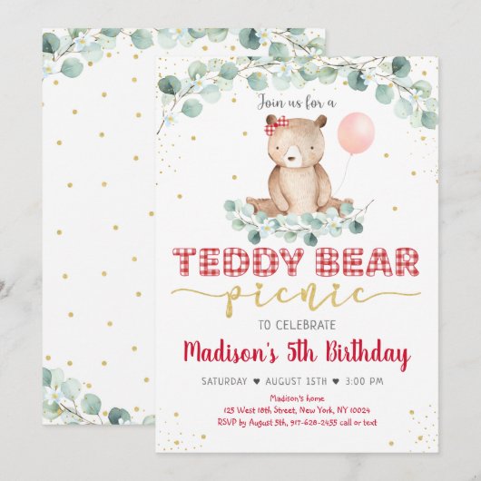 Teddy Bear Picnic Red Gold Greenery Birthday Kaart (Voorkant / Achterkant)