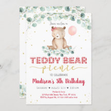Teddy Bear Picnic Red Gold Greenery Birthday