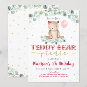 Teddy Bear Picnic Red Gold Greenery Birthday Kaart