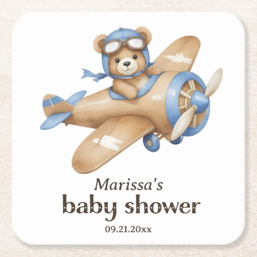 Teddy Bear Pilot Baby Boy Douche Papier Onderzette Kartonnen Onderzetters (Voorkant)