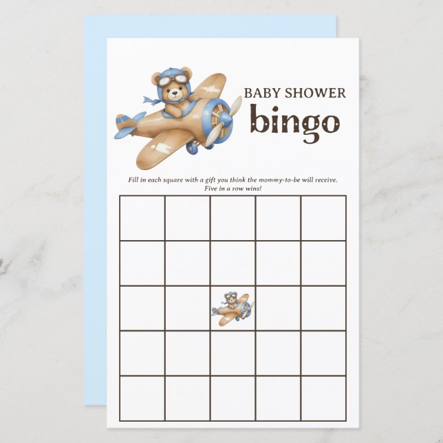 Teddy Bear Pilot Baby Boy Shower Bingo spel (Voorkant / Achterkant)