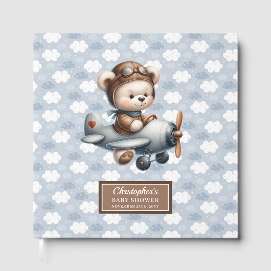 Teddy Bear Pilot Baby shower Gastboek Blauw Thema Gastenboek (Voorkant)