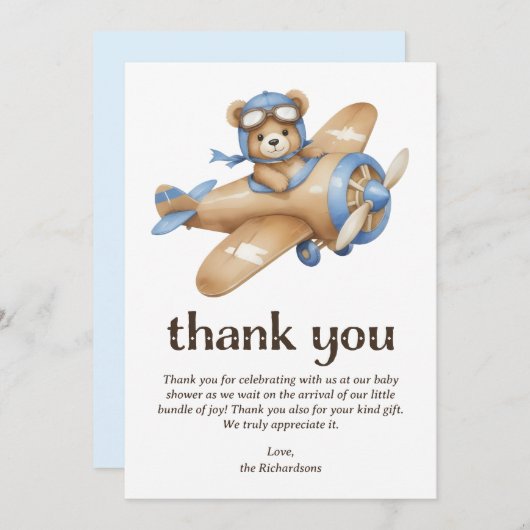 Teddy Bear Pilot Boy Baby shower Bedankkaart (Voorkant / Achterkant)