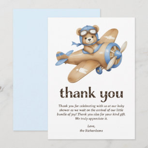Teddy Bear Pilot Boy Baby shower Bedankkaart