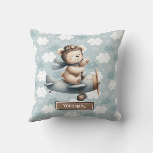 Teddy Bear Pilot Gepersonaliseerde Baby Boy Kussen (Achterkant)