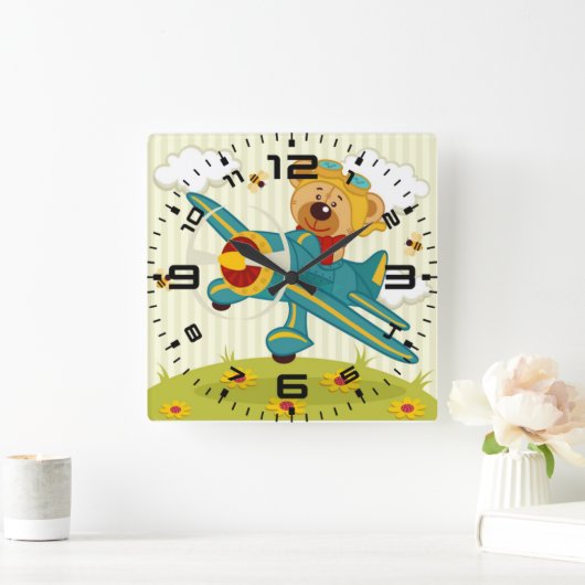 Teddy Bear Pilot Vierkante Klok (Huis)
