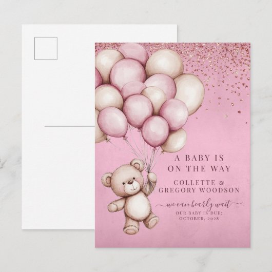 Teddy Bear Pink Baby Girl Budget Pregnancy Reveal Aankondigingskaart (Voorkant / Achterkant)