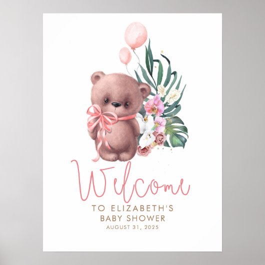 Teddy Bear Pink Baby shower Welkomstteken Poster (Voorkant)
