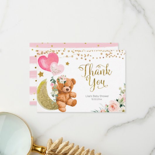 Teddy Bear Pink Ballon Baby shower Dank je wel Bedankkaart (Voorkant / Achterkant in situ)