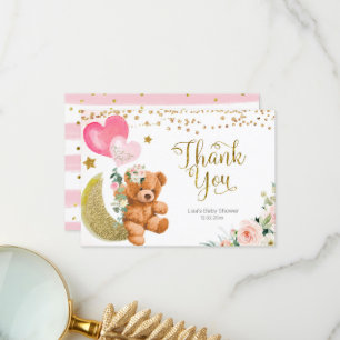 Teddy Bear Pink Ballon Baby shower Dank je wel Bedankkaart