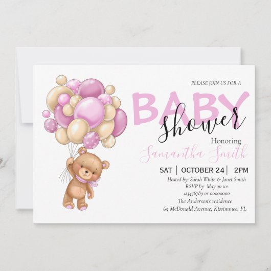 Teddy Bear Pink Ballon Baby Shower Invitaties Aankondiging (Voorkant)