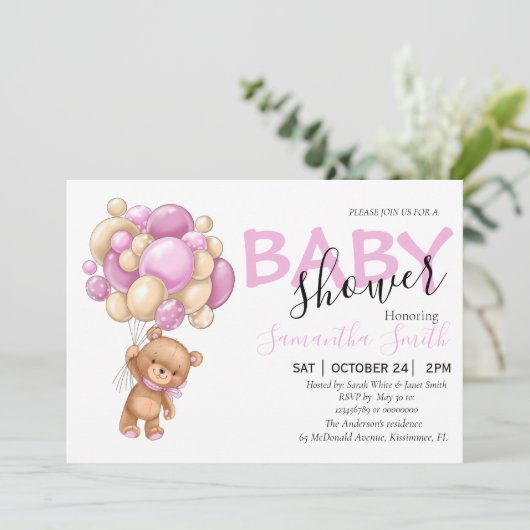 Teddy Bear Pink Ballon Baby Shower Invitaties Aankondiging (Staand voorkant)