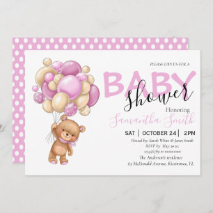 Teddy Bear Pink Ballon Baby Shower Invitaties Aankondiging