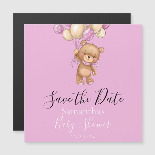 Teddy Bear Pink Ballon Baby shower Save the Date (Voorkant / Achterkant)