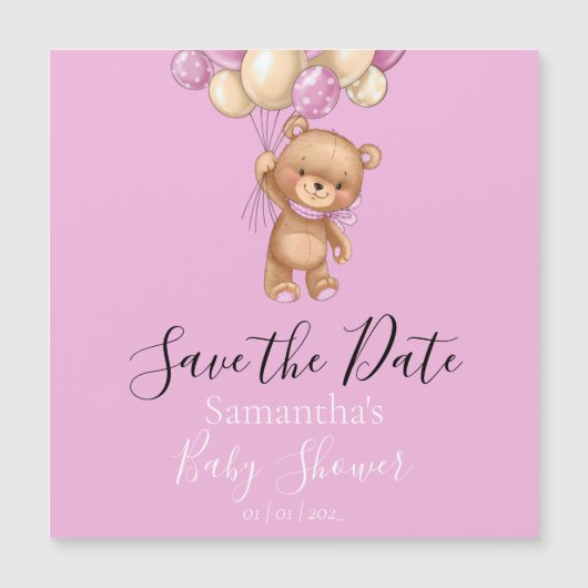 Teddy Bear Pink Ballon Baby shower Save the Date (Voorkant)
