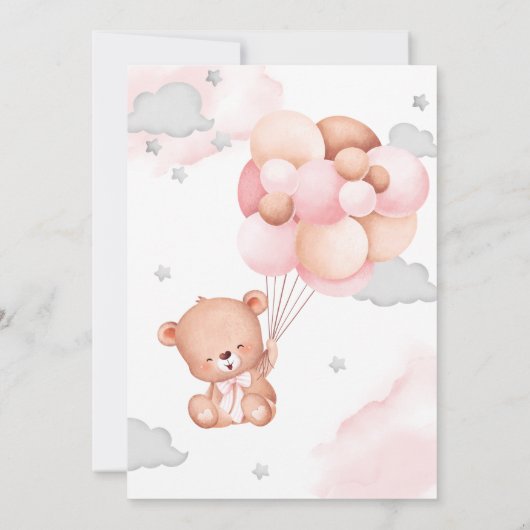 Teddy Bear Pink Ballon Baby shower Uitnodiging (Achterkant)