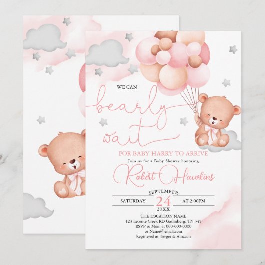 Teddy Bear Pink Ballon Baby shower Uitnodiging (Voorkant / Achterkant)