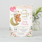 Teddy Bear Pink Ballon Baby shower Uitnodiging (Staand voorkant)