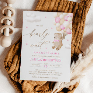 Teddy Bear Pink Ballons Baby shower Uitnodiging