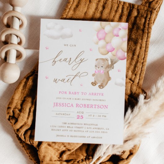 Teddy Bear Pink Ballons Baby shower Uitnodiging