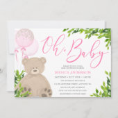Teddy Bear Pink Balloon Greenery Girl Baby shower Kaart (Voorkant)