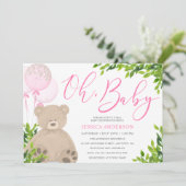 Teddy Bear Pink Balloon Greenery Girl Baby shower Kaart (Staand voorkant)