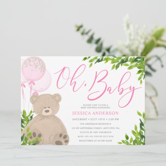 Teddy Bear Pink Balloon Greenery Girl Baby shower Kaart (Staand voorkant)