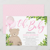 Teddy Bear Pink Balloon Greenery Girl Baby shower Kaart (Voorkant / Achterkant)