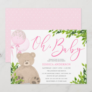 Teddy Bear Pink Balloon Greenery Girl Baby shower Kaart